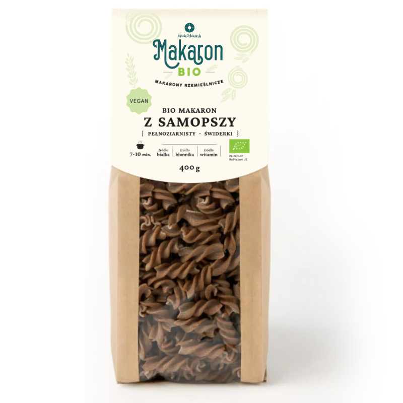 Makaron z samopszy pełnoziarnisty BIO vegan świderki 400 g.