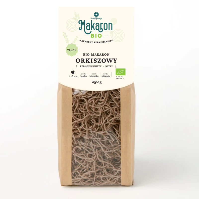 Makaron Orkiszowy pełnoziarnisty BIO vegan nitki 250 g.